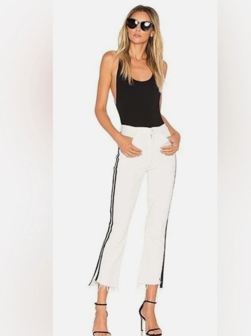 Mother Sz25 The Insider Crop Step Fray White Black Side Stripe Whipping Jeans